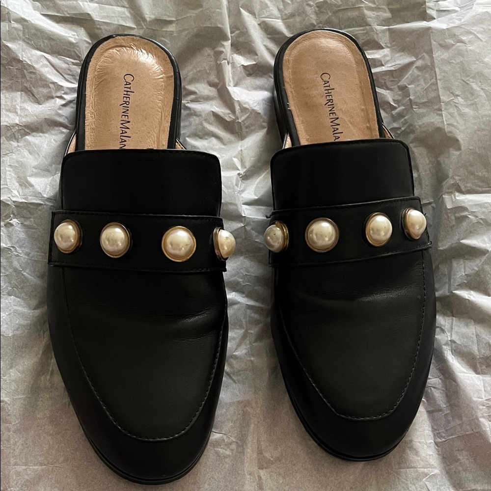Catherine Malandrino Black Pearl-Studded Mules